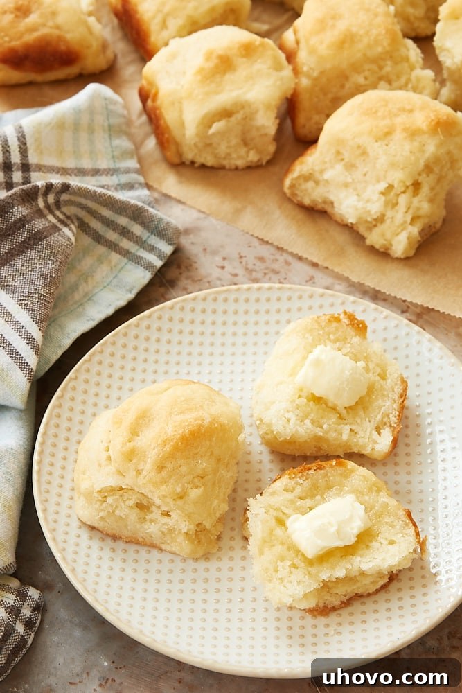 A freshly baked Angel Biscuit split open, revealing its fluffy interior, spread with melting butter.