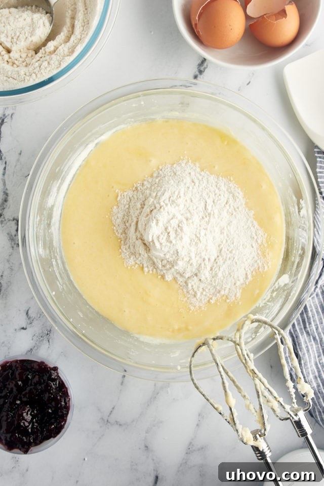 A visual step demonstrating the addition of dry ingredients to the wet batter for the Black Cherry Sour Cream Coffee Cake.