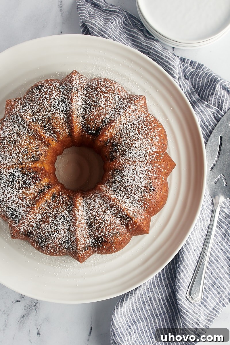 A stunning overhead view of the entire Black Cherry Sour Cream Coffee Cake, elegantly dusted with powdered sugar, ready for serving.