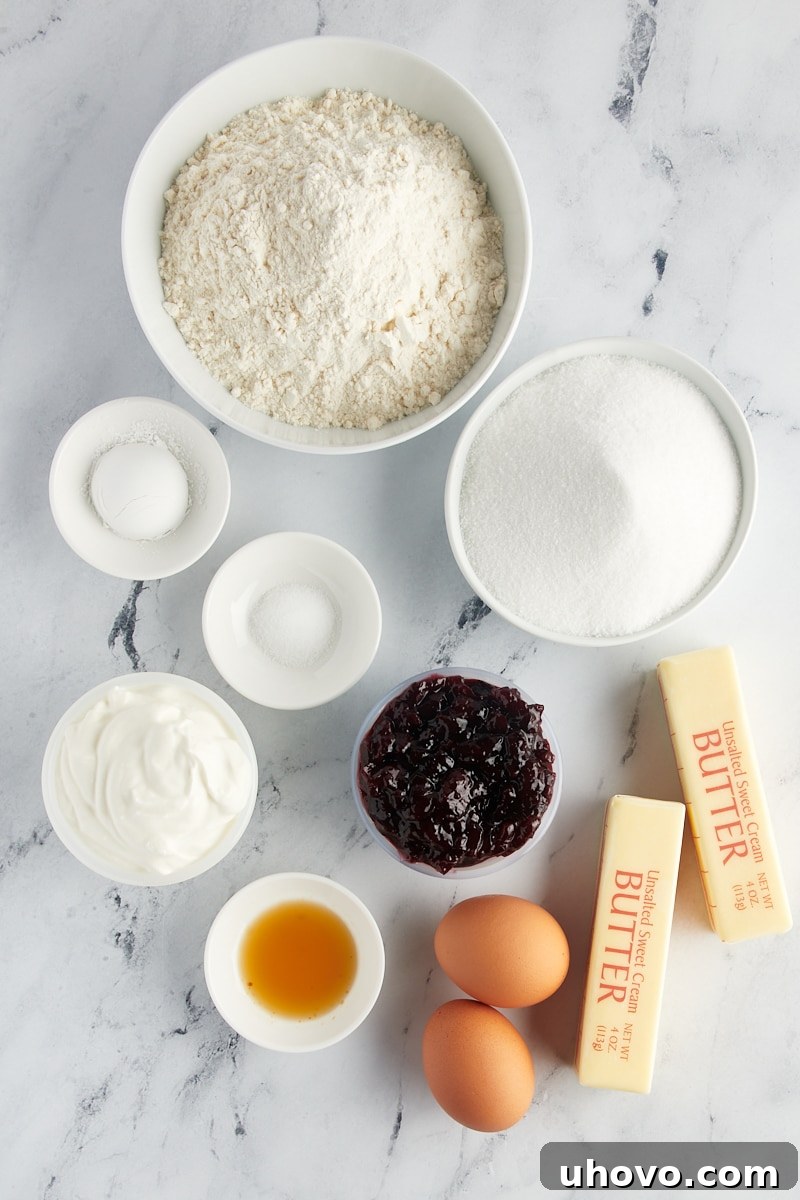 An inviting overhead view of all the fresh, high-quality ingredients laid out for making the Black Cherry Sour Cream Coffee Cake.