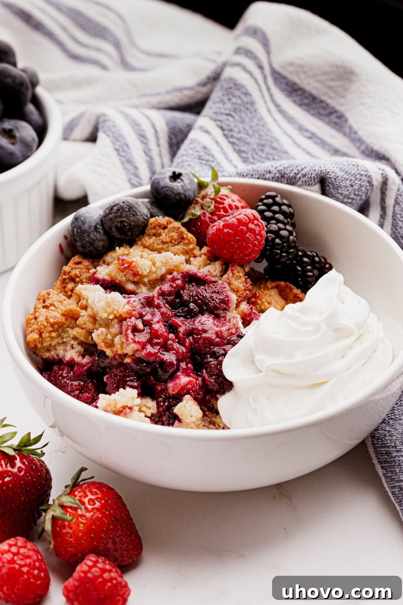 A vibrant bowl of mixed berry cobbler, topped generously with fluffy whipped cream and a scattering of fresh berries, ready to be enjoyed.