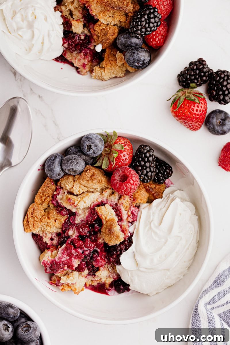 Two enticing bowls of freshly baked mixed berry cobbler, each crowned with a dollop of whipped cream and garnished with a sprinkle of fresh berries.