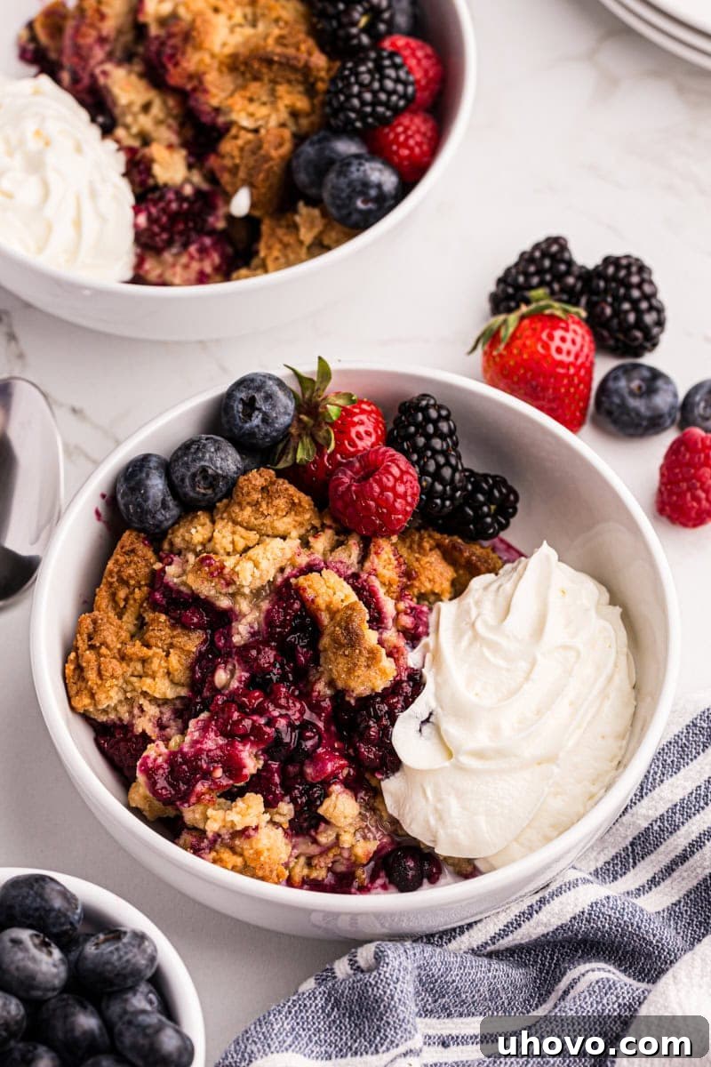 An inviting overhead view of two bowls of mixed berry cobbler, topped with swirls of whipped cream, artfully arranged and ready to be served.