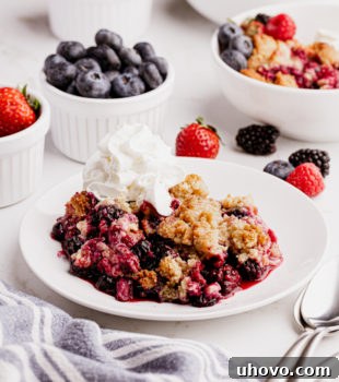 A tempting slice of mixed berry cobbler, beautifully plated with a dollop of whipped cream, ready to be savored.