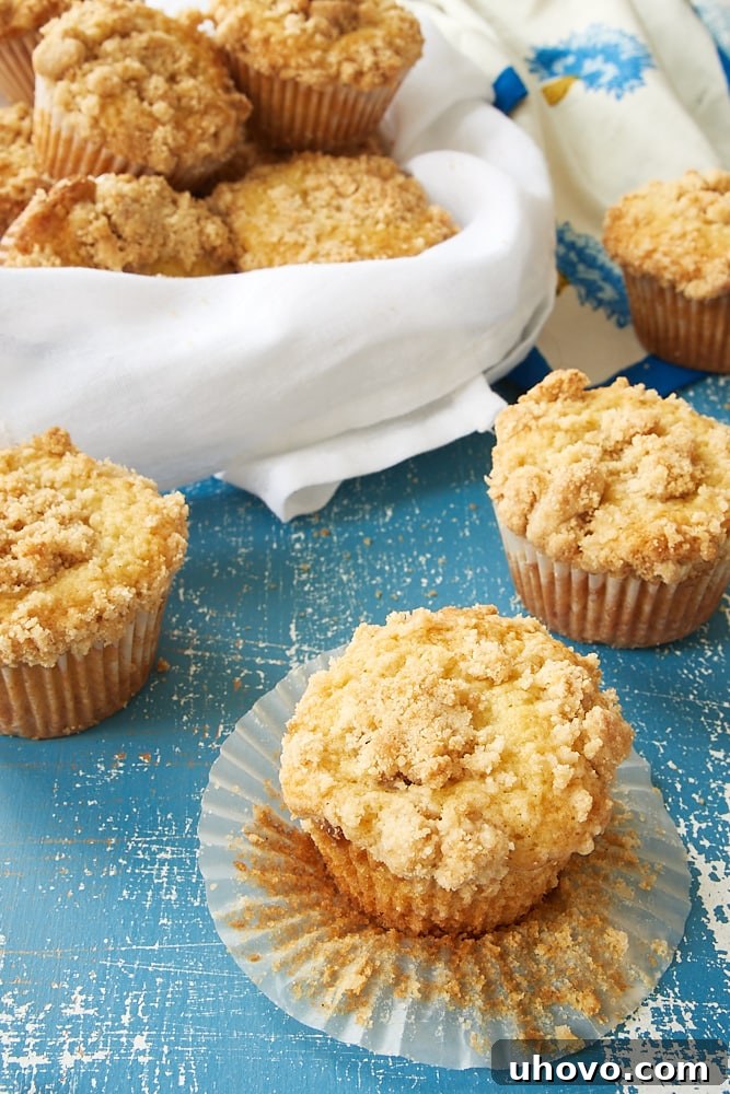 A partially unwrapped Vanilla Crumb Muffin surrounded by more muffins, highlighting its moist interior.