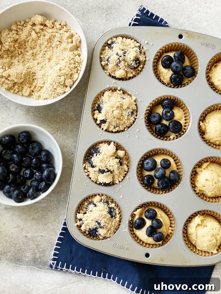 Hands assembling blueberry coffee cake muffins, topping batter with fresh blueberries and crumb mixture in a muffin tin.