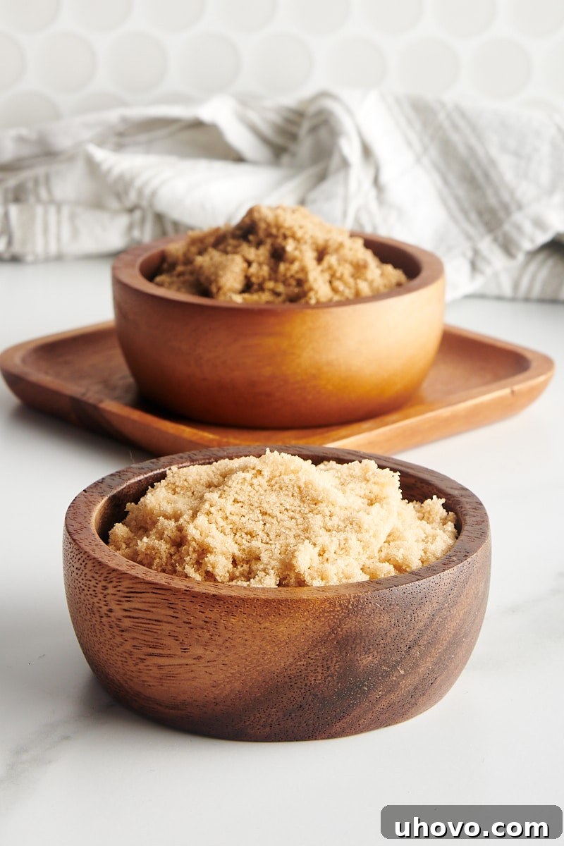 Two wooden bowls, one filled with light brown sugar and the other with dark brown sugar, both soft and ready for baking projects.