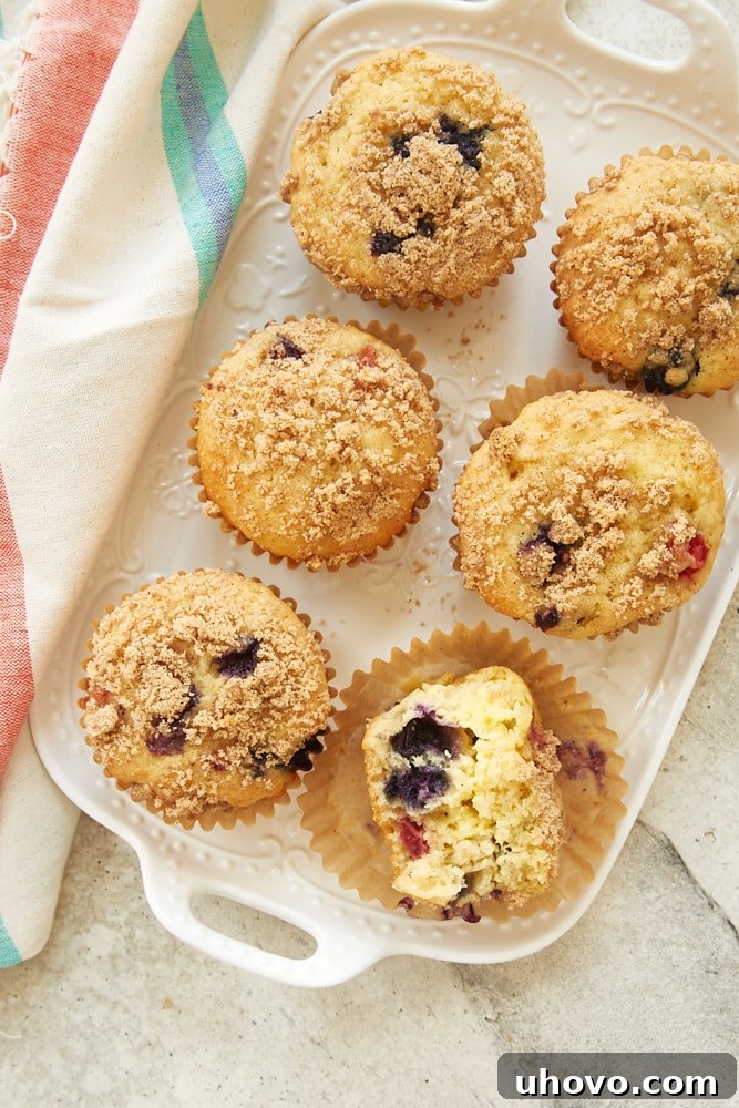Overhead view of several golden-brown Berry Cheesecake Muffins arranged neatly on a white tray, highlighting their crumbly topping and the delightful berry texture within.