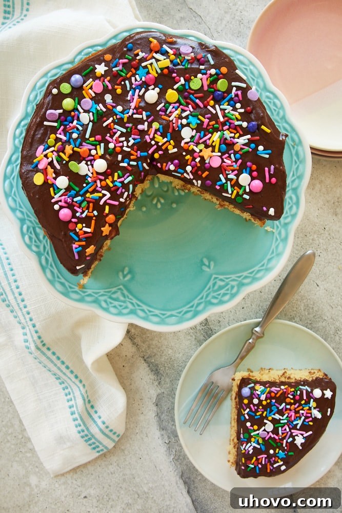 overhead view of a 6-Inch Yellow Cake on a blue cake stand and a slice of 6-Inch Yellow Cake on a blue plate, showing its moist crumb