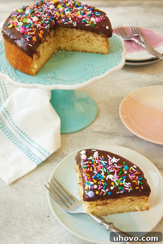 Slice of mini yellow cake with chocolate frosting on plate, with remaining cake on stand, showing a perfect slice