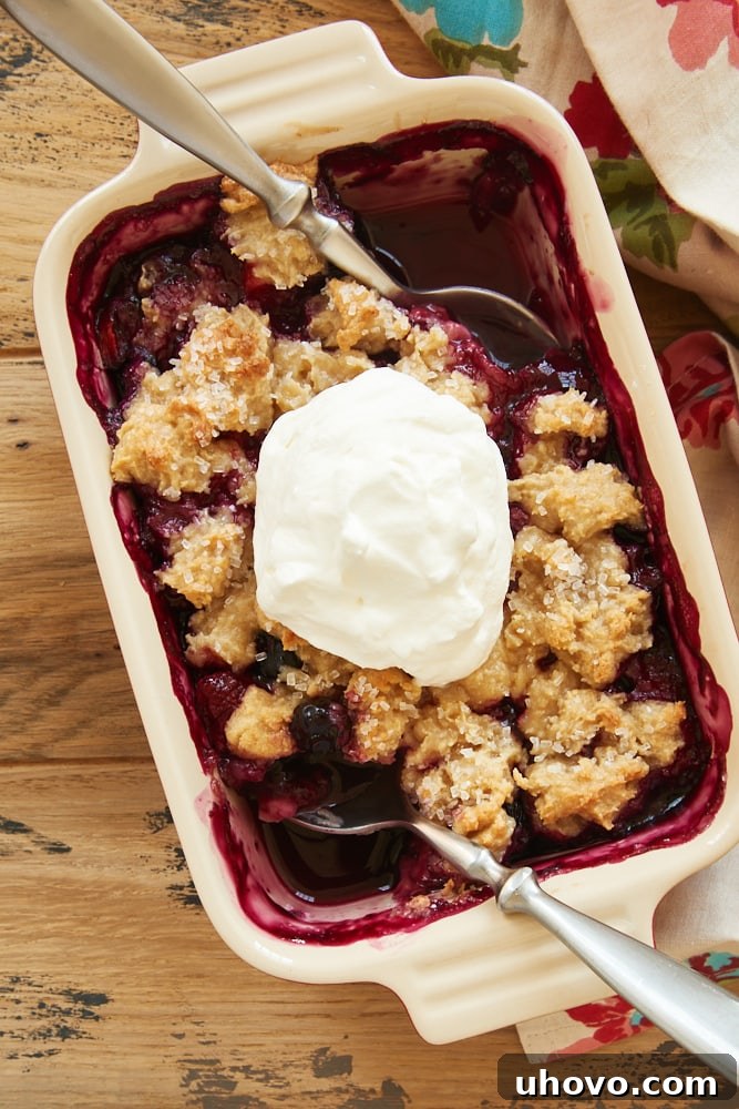 A warm Mixed Berry Cream Cheese Crisp, fresh from the oven, served in a small baker with two spoons, highlighting its small-batch appeal and delicious, golden-brown topping.