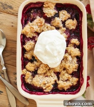 overhead view of Mixed Berry Cream Cheese Crisp topped with sweetened whipped cream