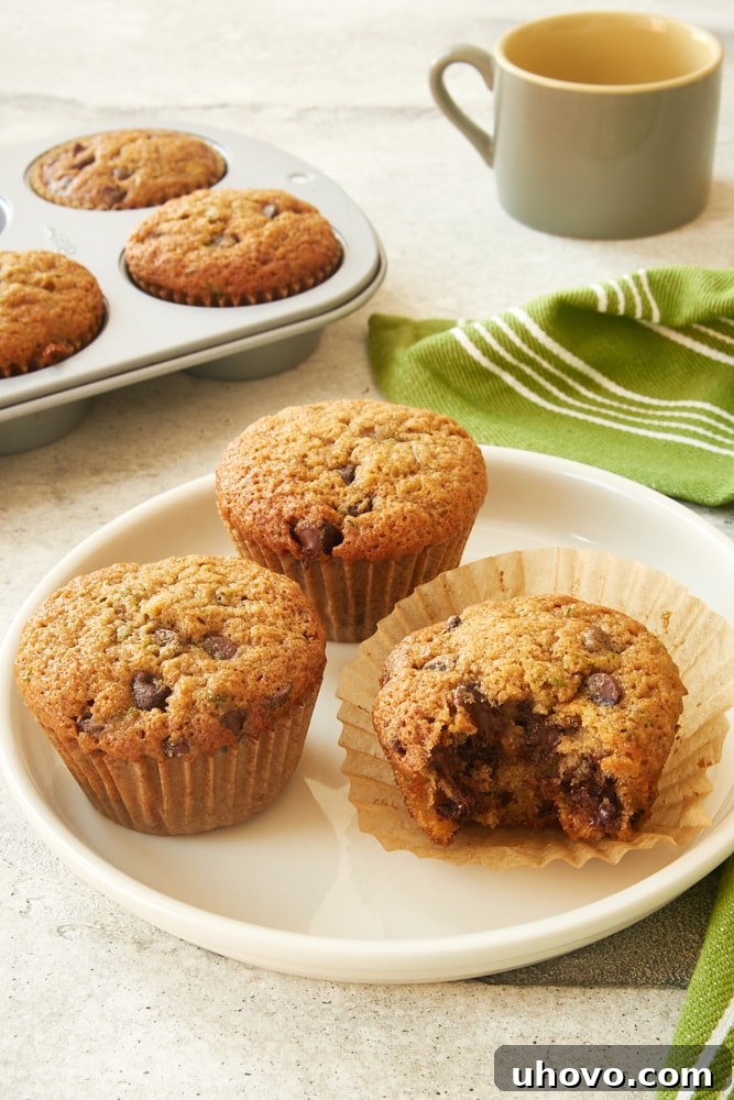 Chocolate Chip Zucchini Muffins on a white plate