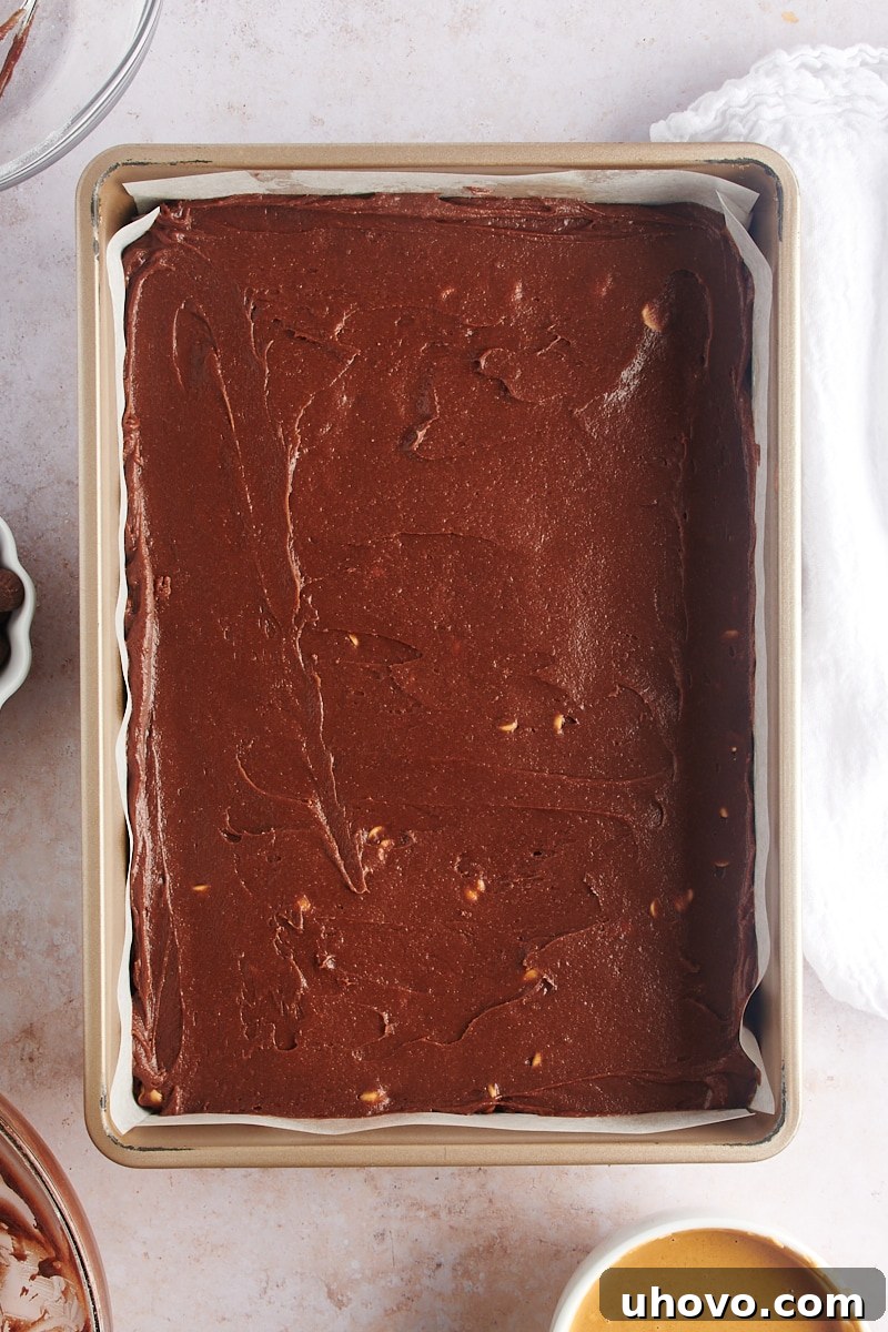 Overhead view of brownie batter in pan
