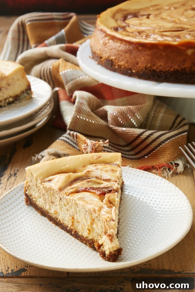 A perfectly sliced Apple Butter Cheesecake with visible apple butter swirls, served on an elegant white and beige plate, ready to be enjoyed as a luxurious fall dessert.