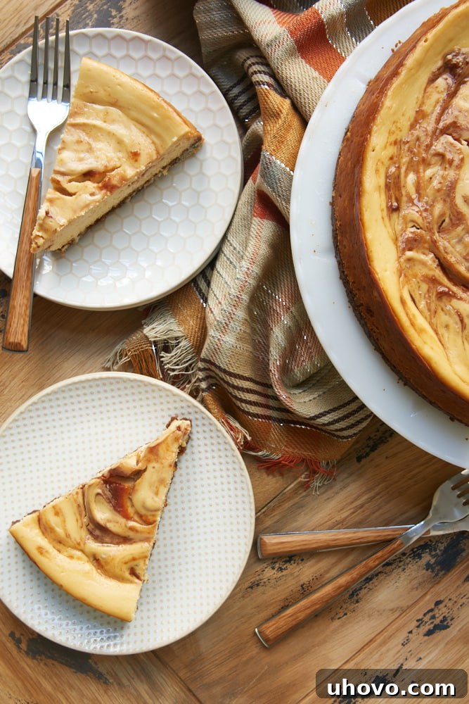 An overhead view of multiple slices of Apple Butter Cheesecake on various white and beige plates, showcasing the inviting swirl and rich texture of this ultimate fall dessert.