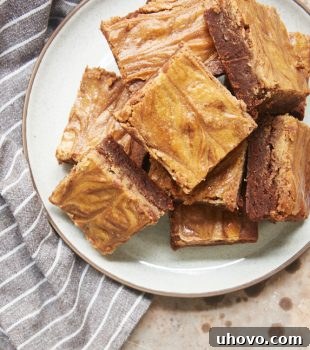 Overhead view of Cookie Butter Cheesecake Brownies on a white and brown speckled plate