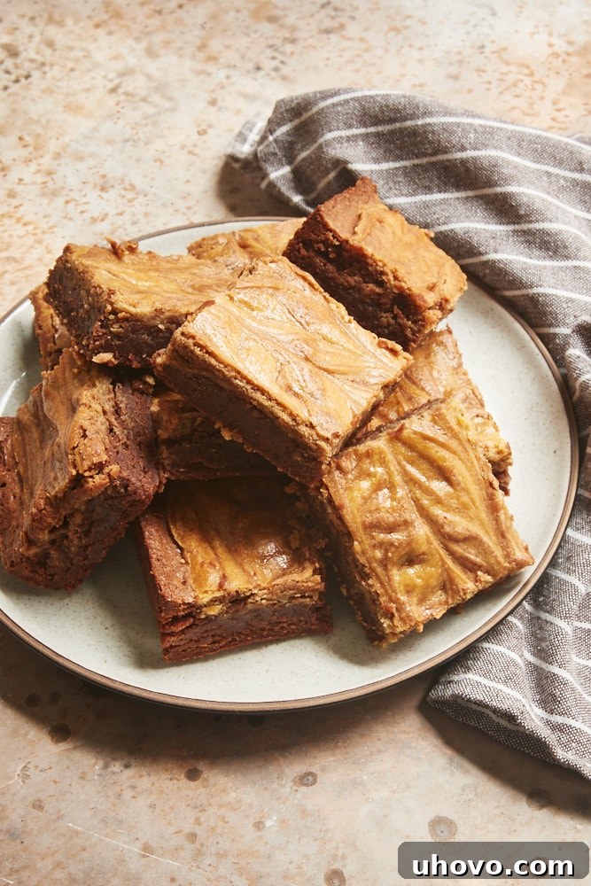 Close-up of a single Cookie Butter Cheesecake Brownie served on a white and brown speckled plate, highlighting the intricate swirl pattern.