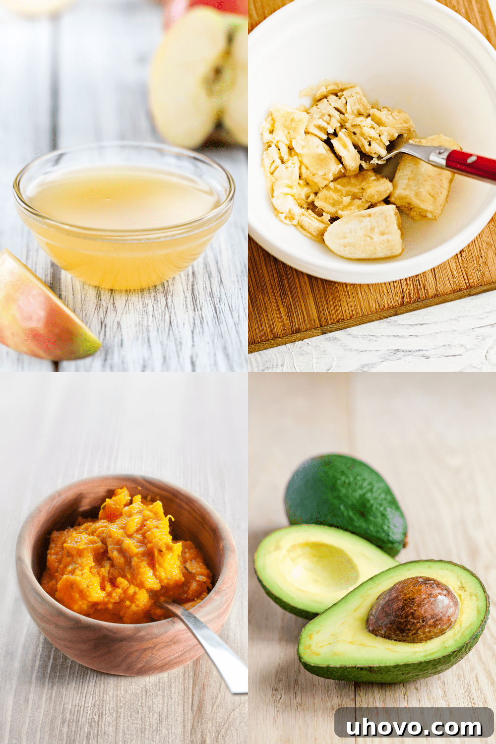 collage of applesauce, mashed bananas, avocados, and pureed pumpkin on wooden surfaces
