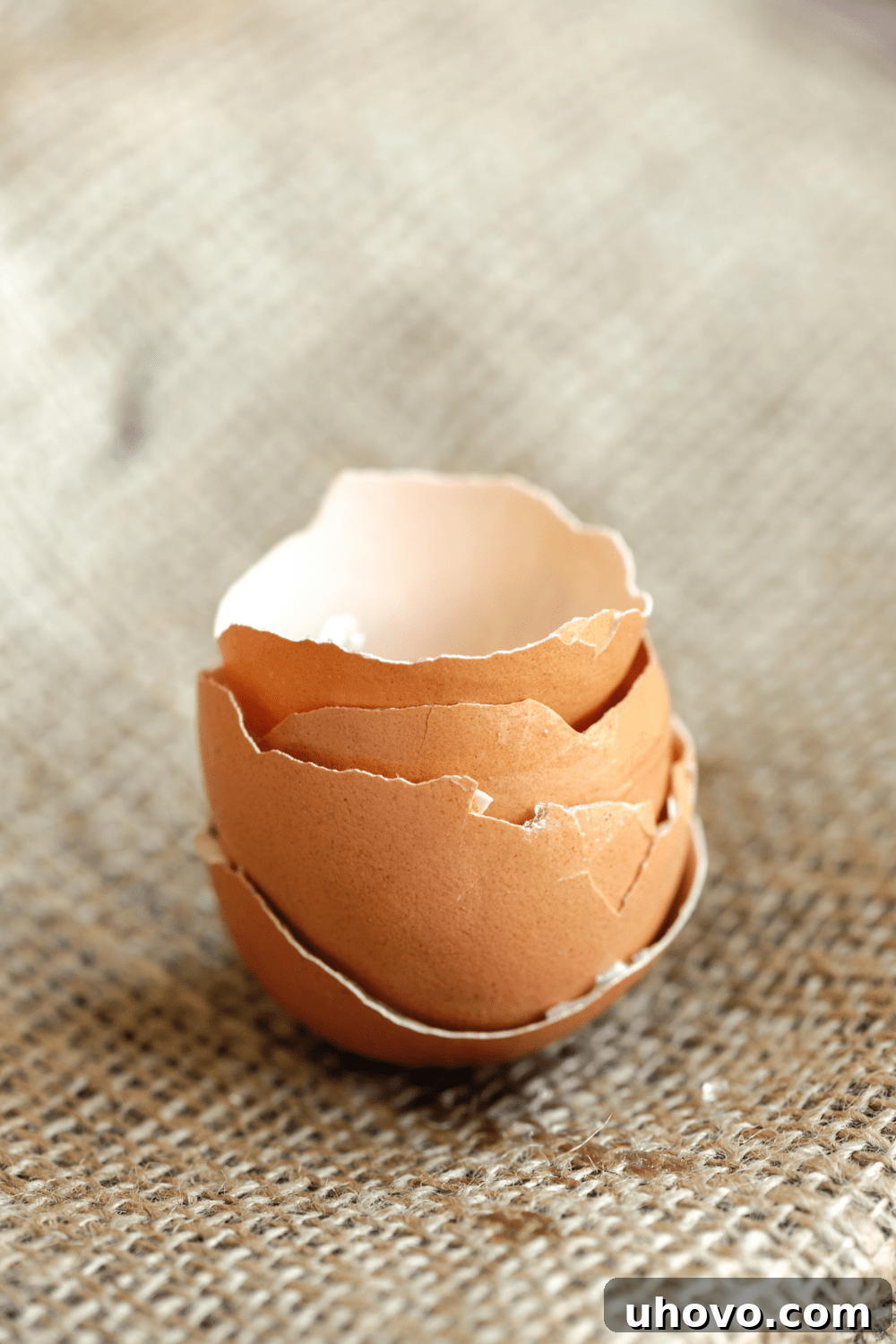 stack of broken egg shells on a beige fabric