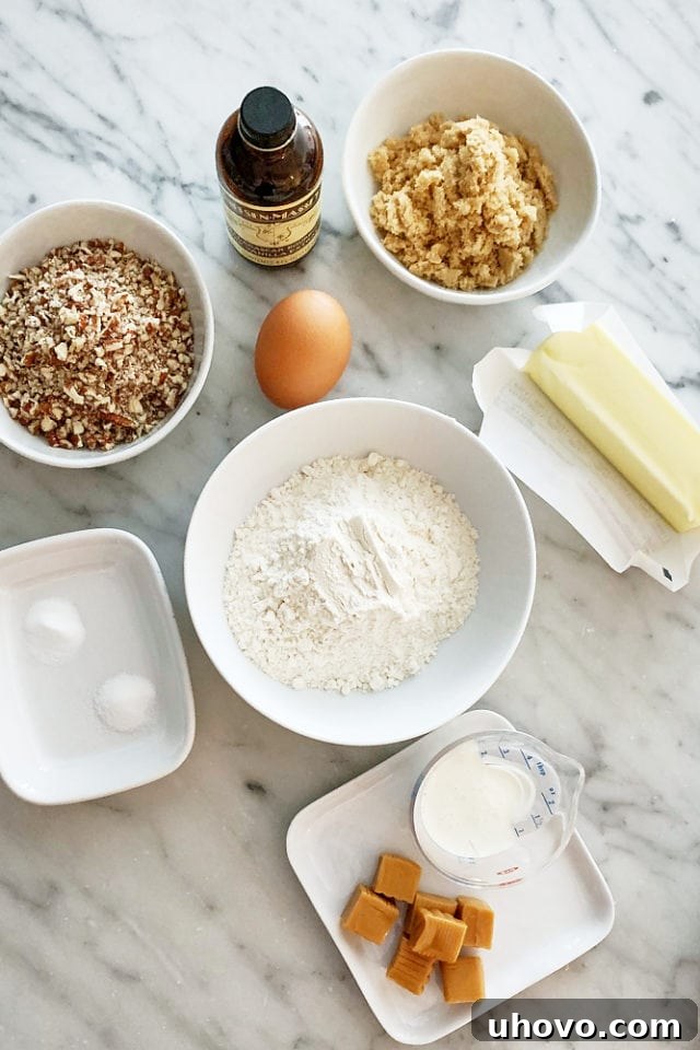 overhead view of ingredients for Caramel Pecan Thumbprint Cookies