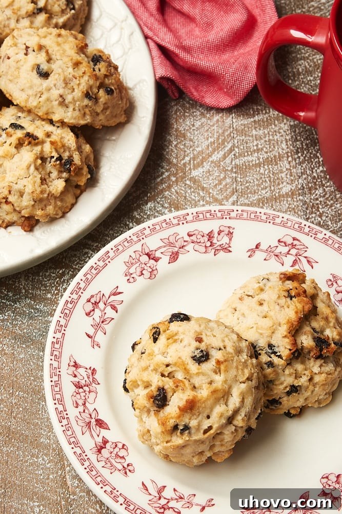 Close-up shot of a perfectly golden-brown Currant Oat Scone on a elegant white plate with a subtle red floral rim.