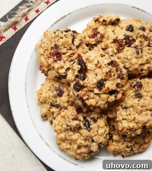 Overhead view of Winter Fruit Oatmeal Cookies on a white plate, ready to be enjoyed.