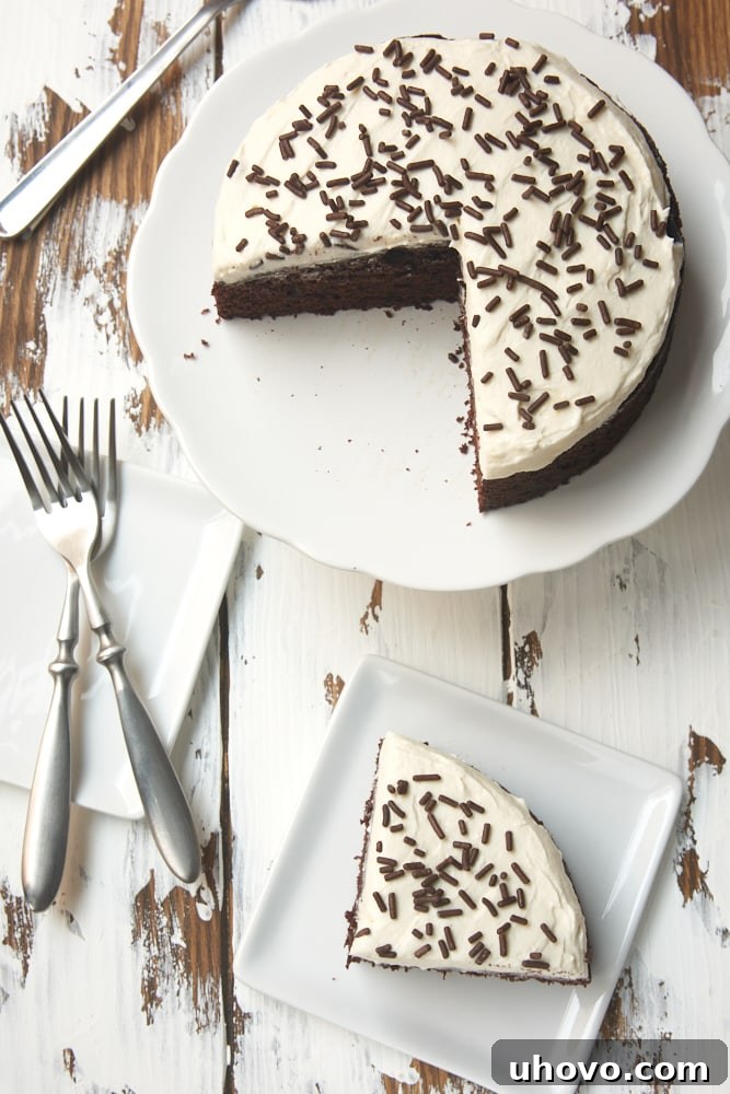 An overhead shot showcasing a full 6-Inch Chocolate Cake with Marshmallow Frosting on a white cake stand, alongside a single slice on a white plate.