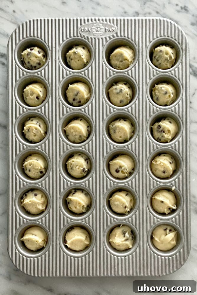An overhead shot showing golden-brown mini muffin batter, generously mixed with chocolate chips, evenly divided among the 24 cups of a mini muffin pan, ready for baking.