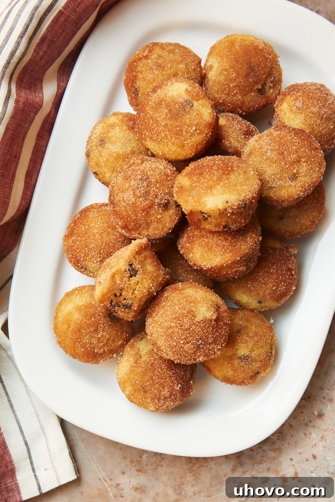 An inviting overhead view of a pristine white platter generously filled with an assortment of freshly baked Mini Chocolate Chip Doughnut Muffins, highlighting their uniform size and glistening cinnamon-sugar coating.