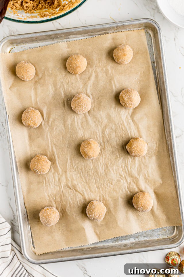 Pan of peanut butter cookie dough balls