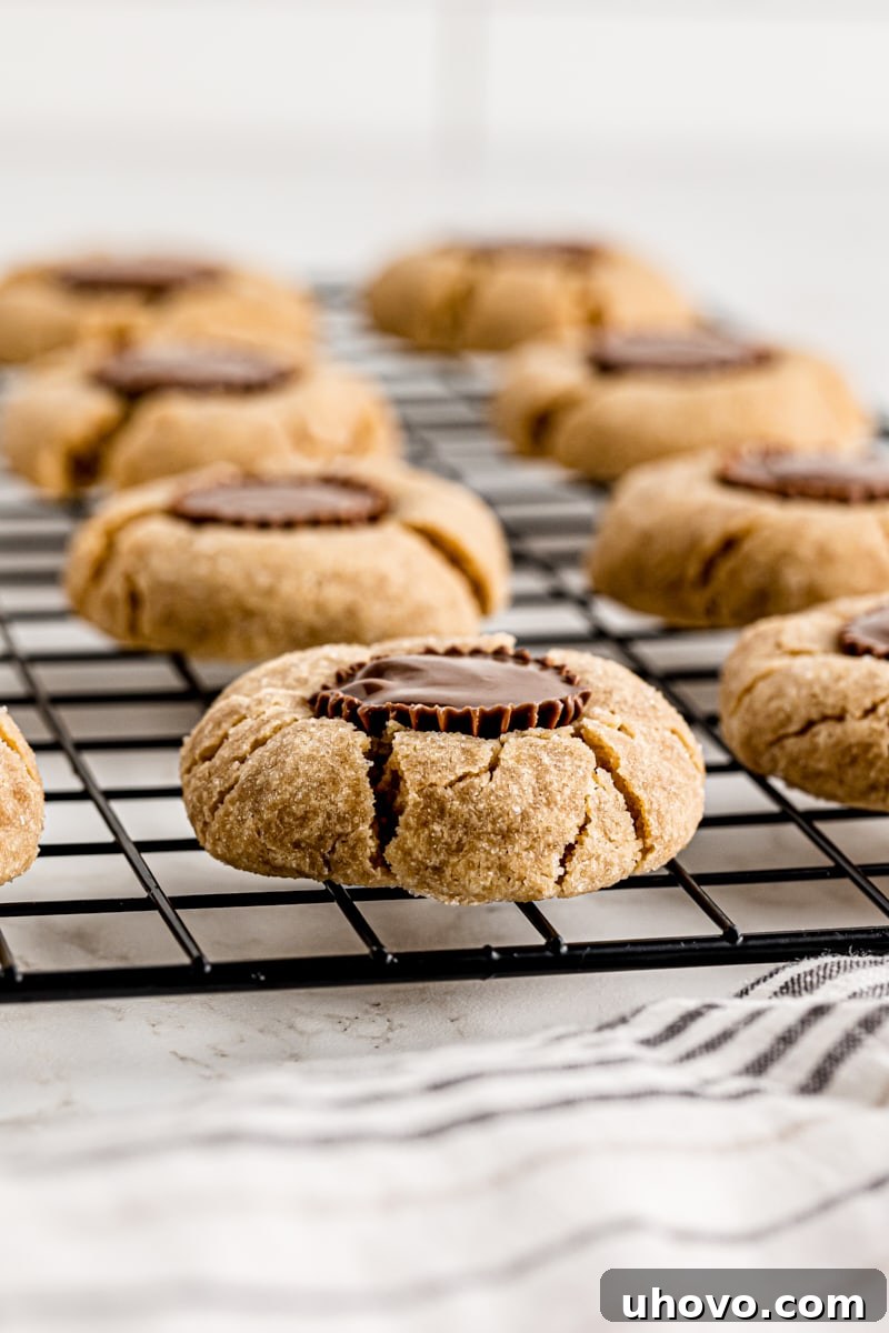 Wire rack of peanut butter cup cookies