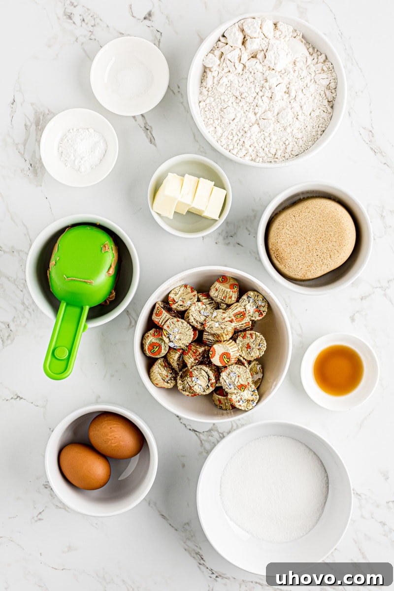 Overhead view of ingredients for peanut butter cup cookies