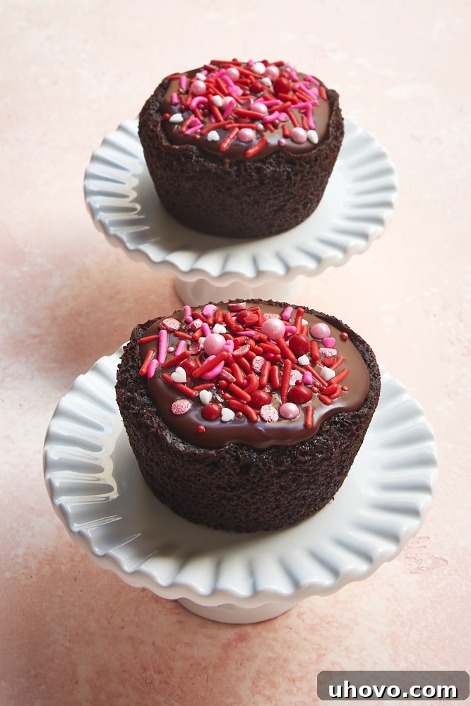 Elegant Chocolate Cupcakes for Two on small cake stands, artfully arranged on a charming pink surface, ready to be enjoyed