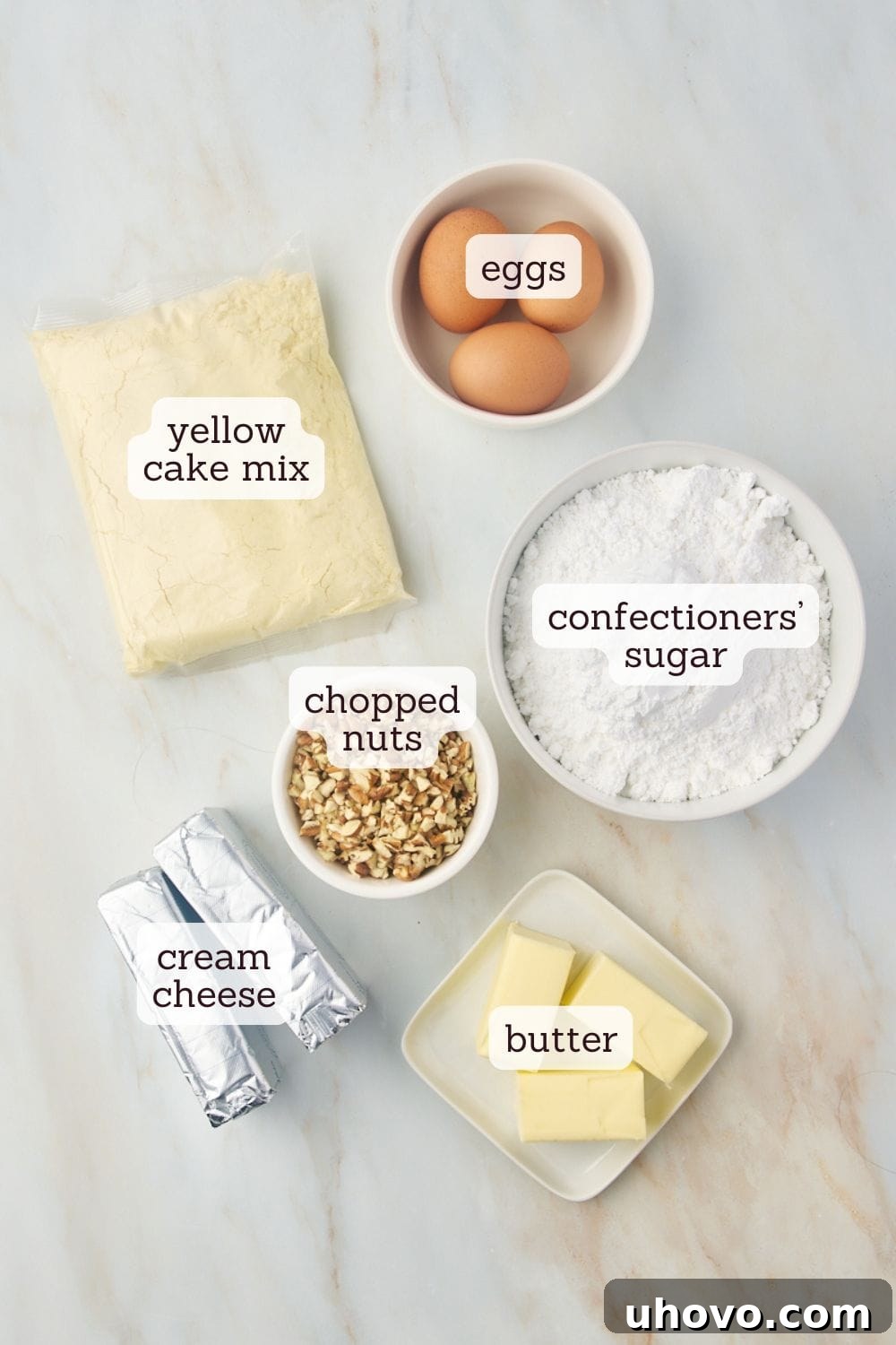 overhead view of labeled ingredients for chess squares
