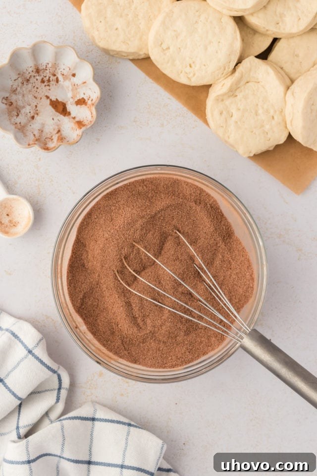 Overhead view of the whisked sugar, cocoa powder, and cinnamon mixture in a bowl, showing the uniform, rich brown color of the dry coating for the biscuit dough.