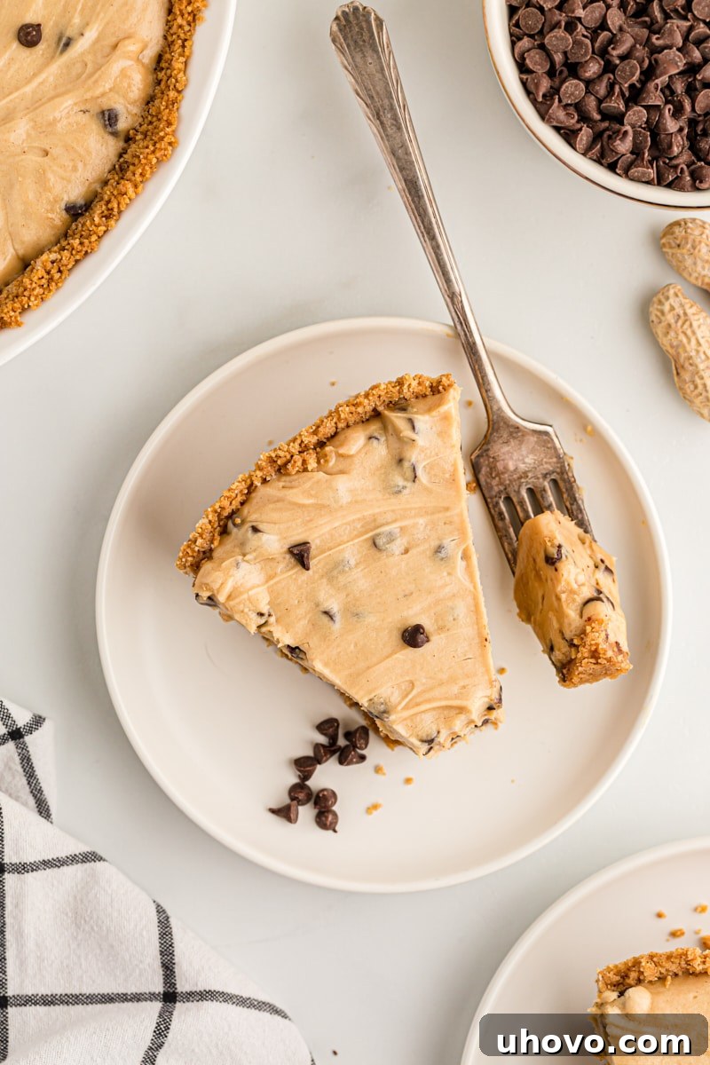 Overhead view of peanut butter chocolate chip pie on plate with tip on fork