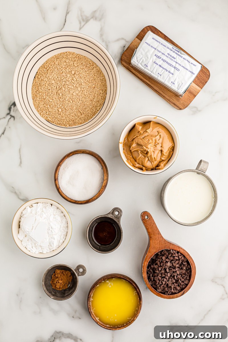 Overhead view of ingredients for peanut butter chocolate chip pie
