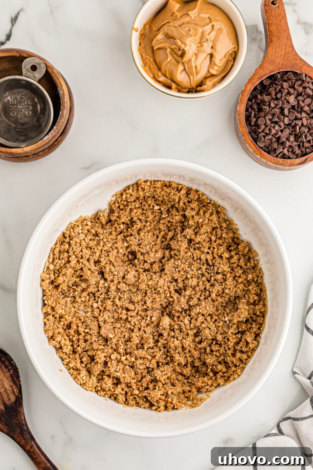 Overhead view of graham cracker crust mixture in bowl