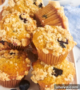 Stack of blueberry crumb muffins on white platter