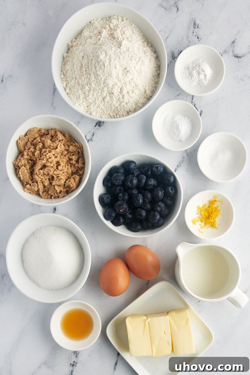 Overhead view of blueberry crumb muffin ingredients