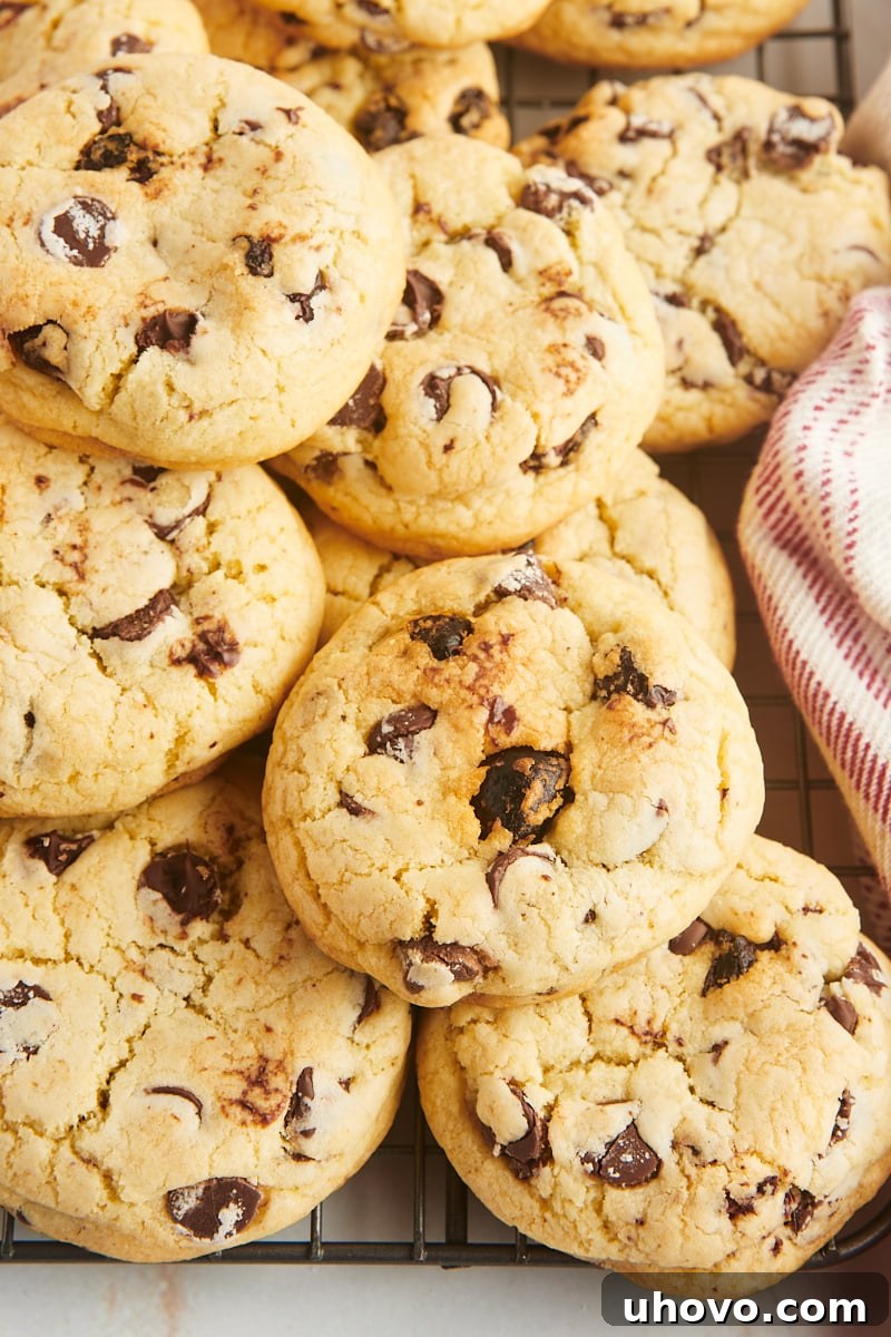 A beautiful pile of freshly baked cherry chocolate chip cookies, showcasing their golden-brown edges and visible chocolate chips and freeze-dried cherries.
