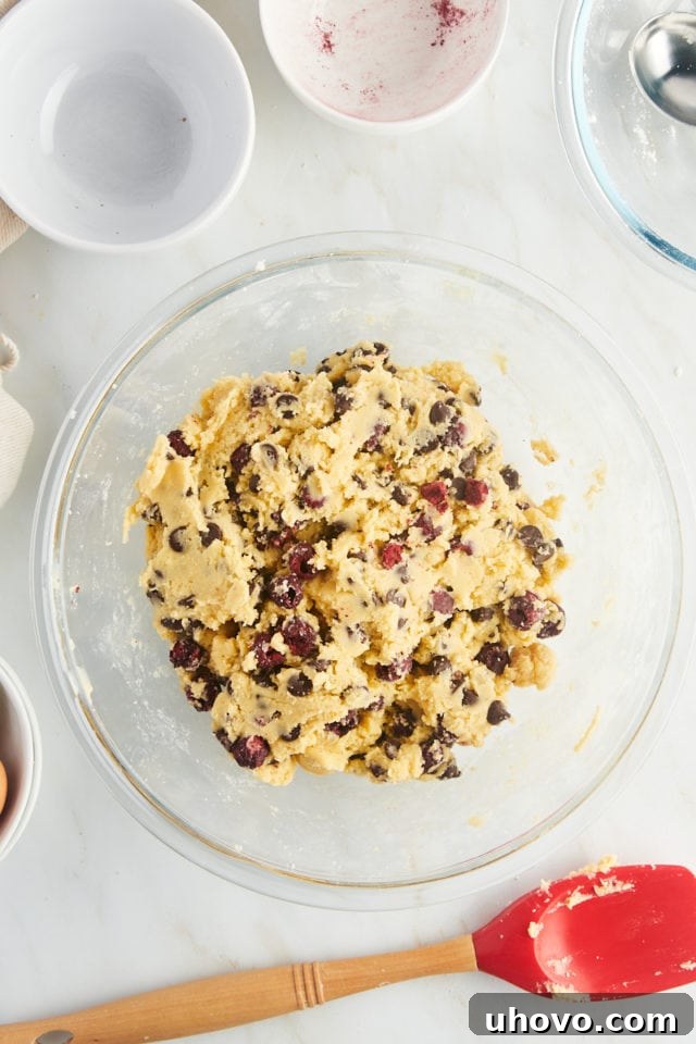 The completed cherry chocolate chip cookie dough in a bowl, showing the chocolate chips and cherries evenly distributed.