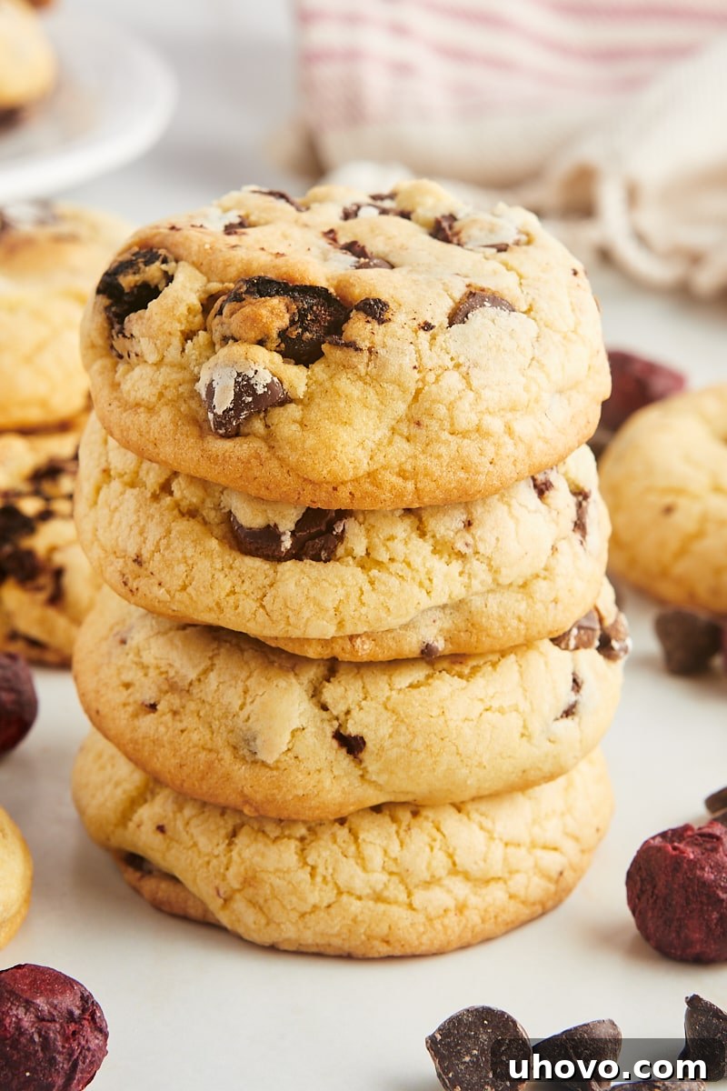 A tall, enticing stack of perfectly baked cherry chocolate chip cookies.