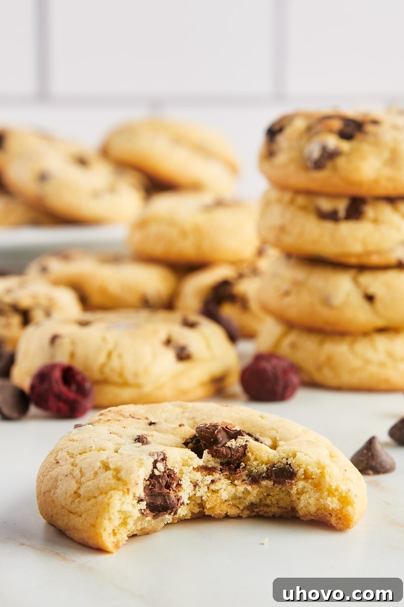 A cherry chocolate chip cookie with a single bite taken out, revealing its soft, chewy interior and the vibrant mix of chocolate and cherries.