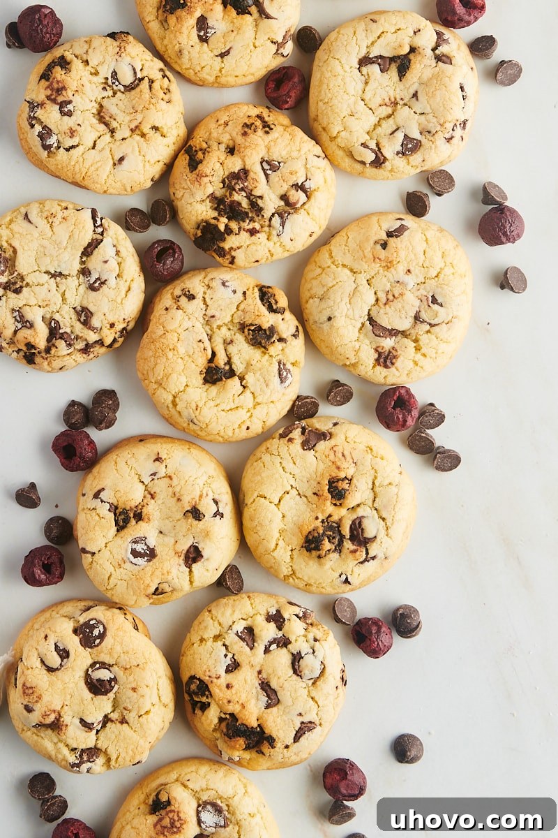 Cherry chocolate chip cookies artfully arranged amidst loose chocolate chips and vibrant freeze-dried cherries.