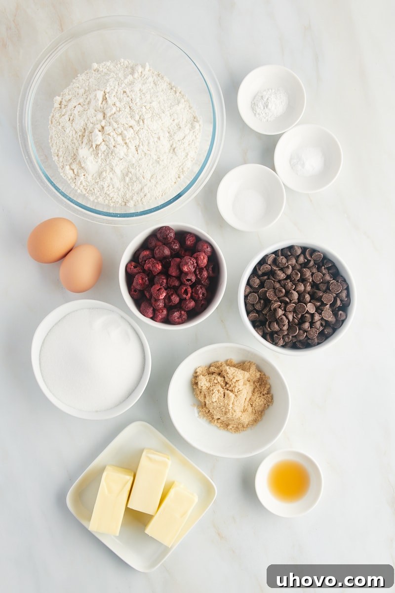 A curated display of all the essential ingredients needed for baking cherry chocolate chip cookies, neatly laid out.
