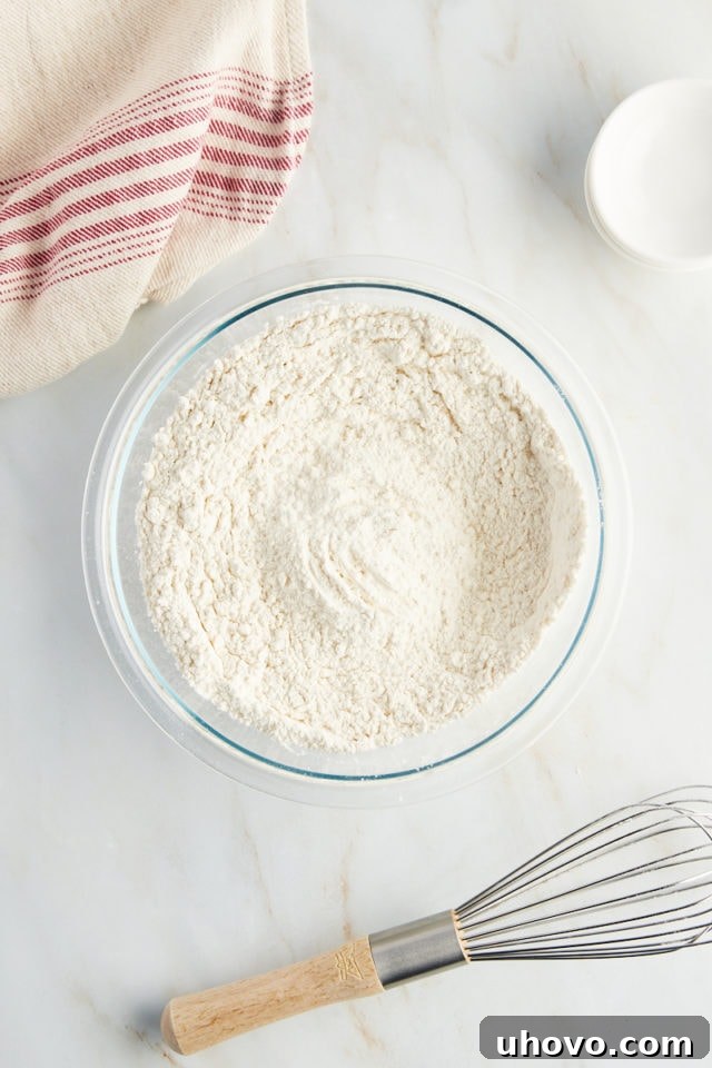 All dry ingredients, including flour, baking powder, baking soda, and salt, thoroughly whisked together in a mixing bowl.