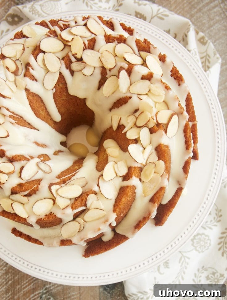An elegant Amaretto Almond Bundt Cake, showcasing its beautiful fluted shape.