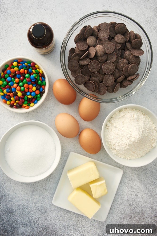 overhead view of ingredients for M&M Brownie Bites